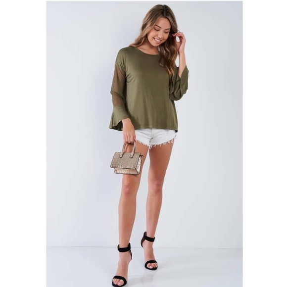 Anthropologie Very J Olive Mesh Sheer Sleeve Bell Sleeve Top - Picture 3 of 3